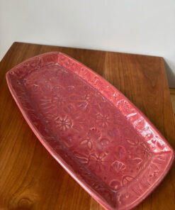 Alternative view of 12" Pottery Platter with Stamp Flower Design in Deep Coral