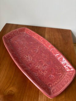 Alternative view of 12" Pottery Platter with Stamp Flower Design in Deep Coral