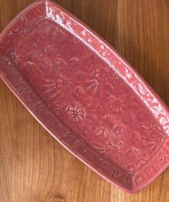 12" Pottery Platter with Stamp Flower Design in Deep Coral