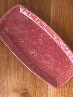 12" Pottery Platter with Stamp Flower Design in Deep Coral