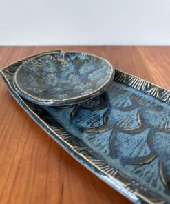 handmade pottery sushi set in blue glaze