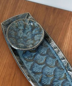 handmade pottery sushi set in blue glaze