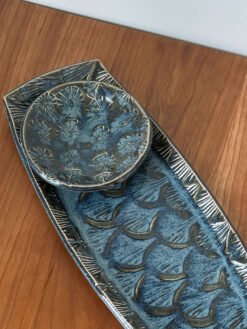 handmade pottery sushi set in blue glaze