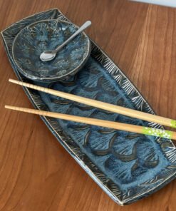 handmade pottery sushi set in blue glaze