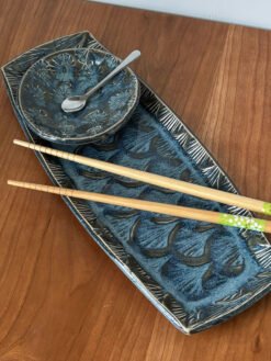handmade pottery sushi set in blue glaze