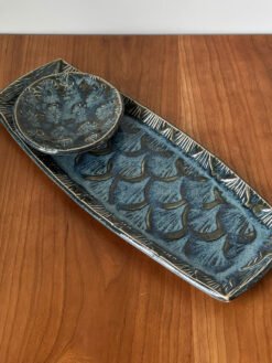 handmade pottery sushi set in blue glaze