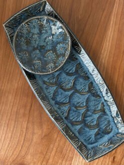 handmade pottery sushi set in blue glaze