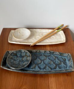 handmade pottery sushi set in cream and blue glaze