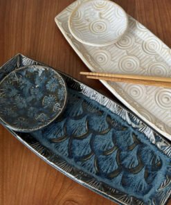 handmade pottery sushi set in cream and blue glaze